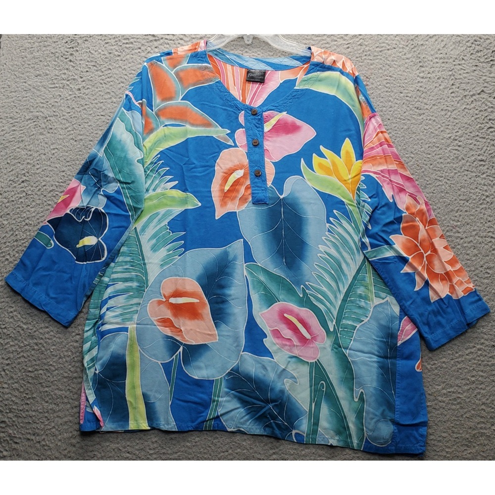 Fedora Hawaiian Tunic Top Womens XL Multi Tropical Long Sleeve Round Neck Button